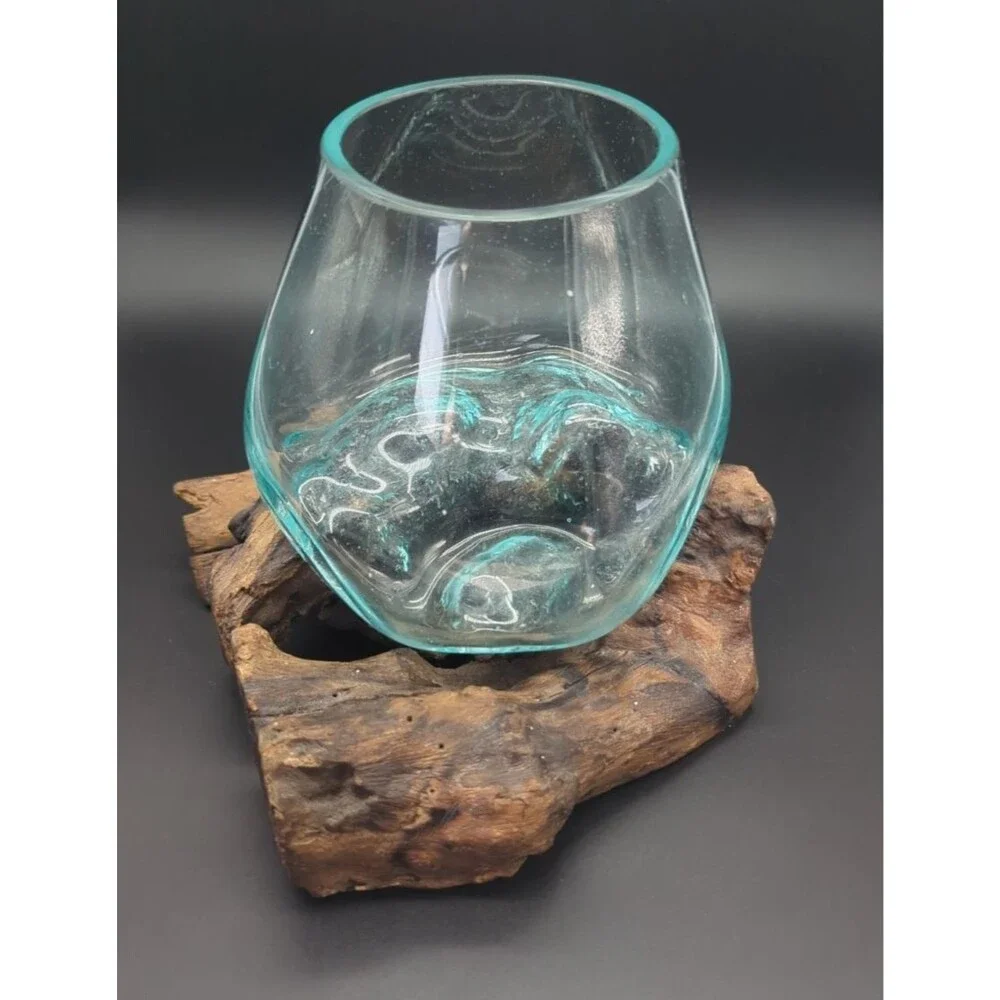 Hand Blown Molten Aqua Glass Bowl Teak Root Wood Vase Terrarium 10” OOAK